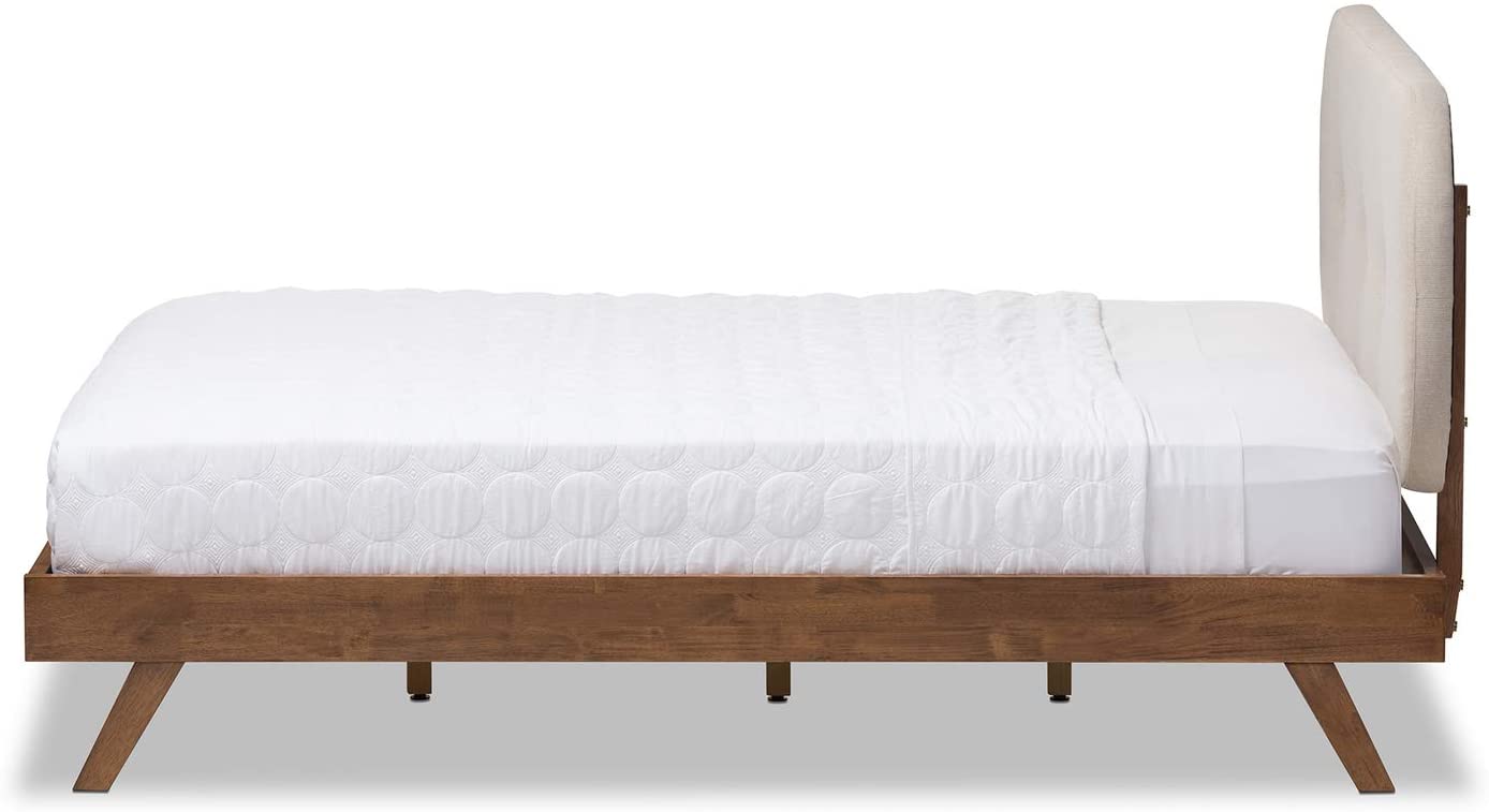 Baxton Studio Penelope Mid-Century Modern Solid Walnut Wood Light Beige Fabric Upholstered Queen Size Platform Bed