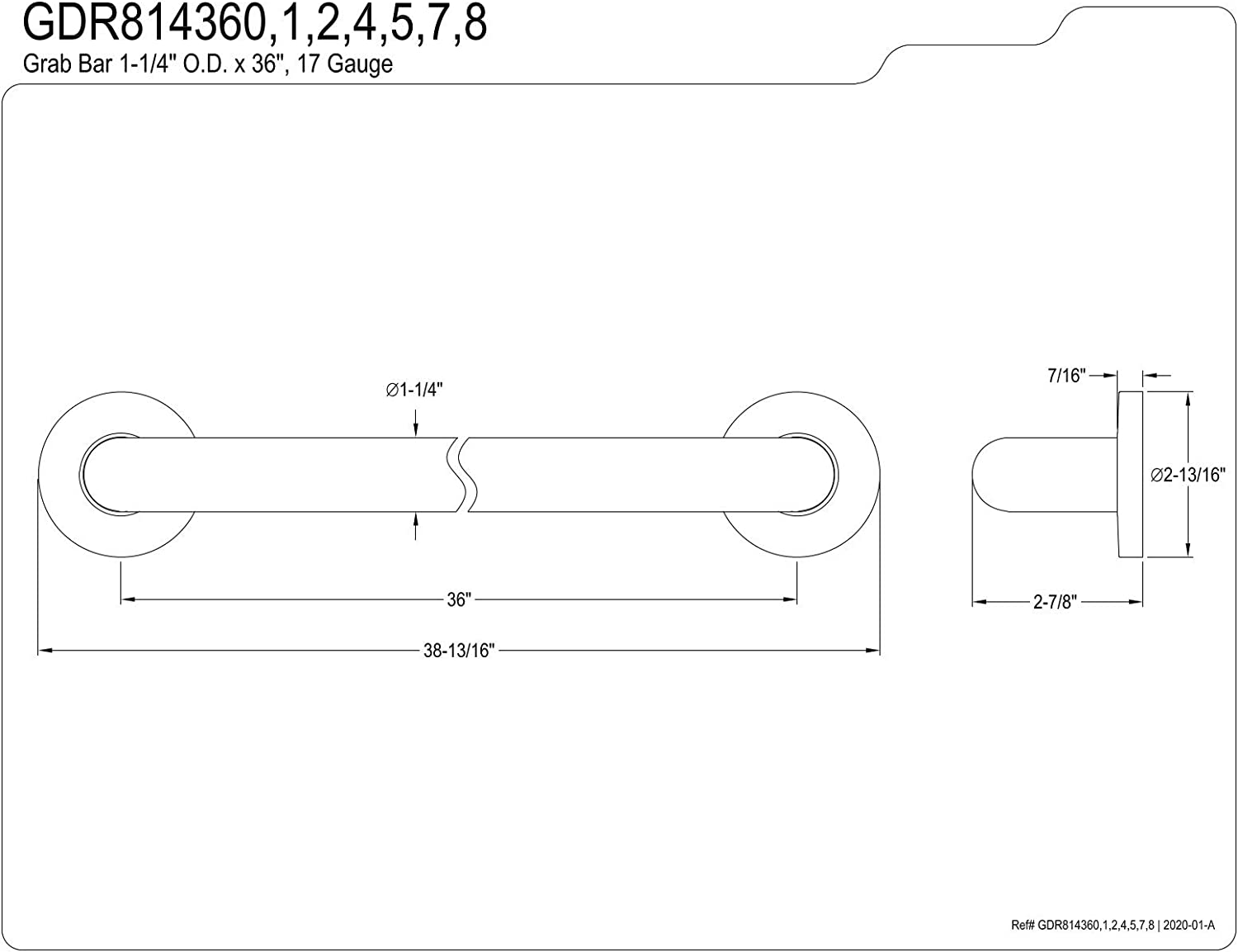 Kingston Brass GDR814360 Silver Sage 36-Inch X 1-1/4-Inch OD ADA Grab Bar, Matte Black