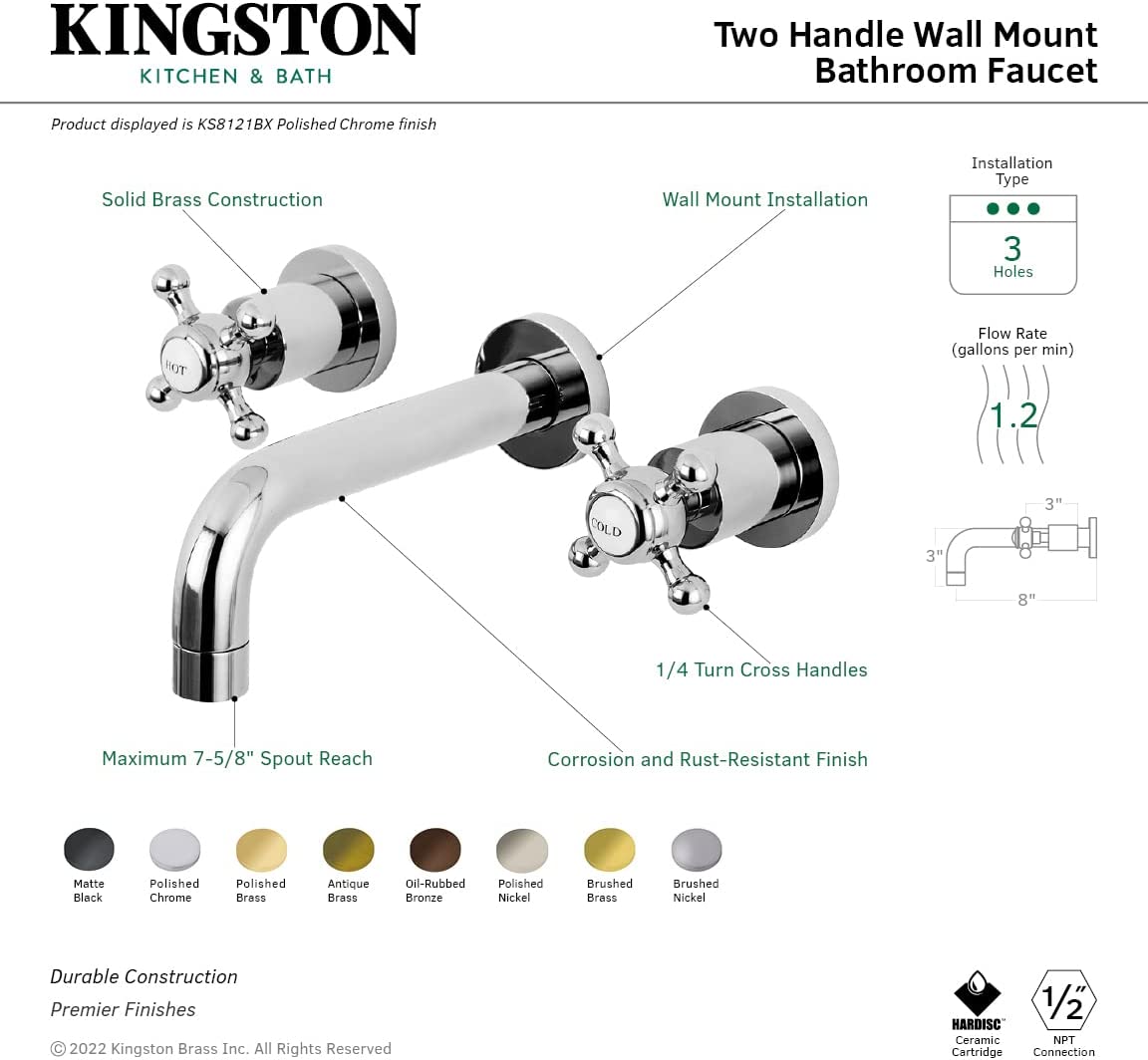 Kingston Brass KS8123BX Metropolitan 2-Handle 8 in. Wall Mount Bathroom Faucet, Antique Brass