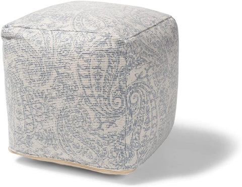 Baxton Studio Juvita Modern and Contemporary Ivory and Blue Handwoven Cotton Paisley Pouf Ottoman