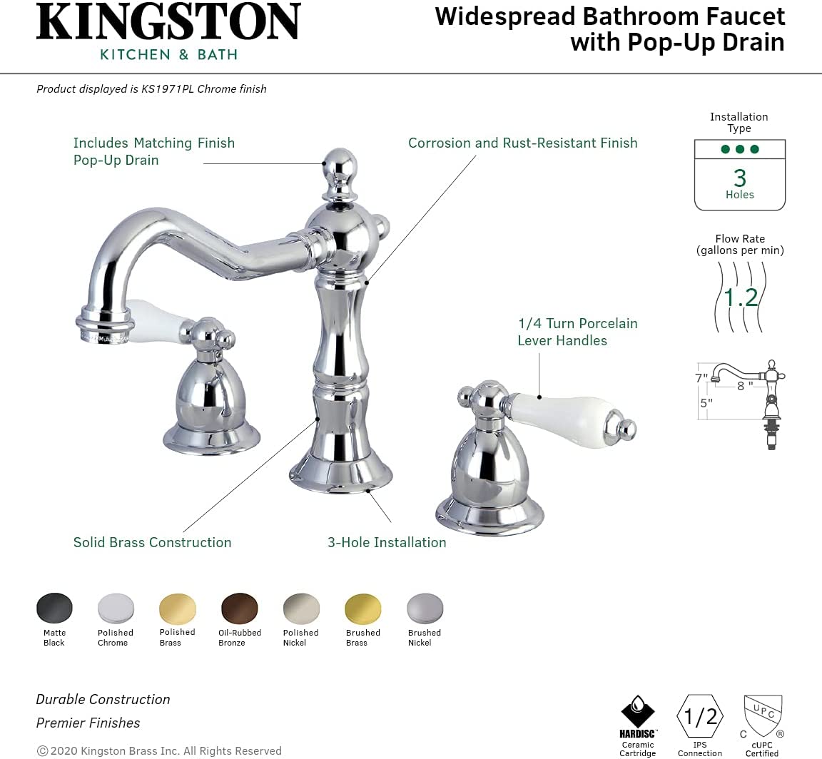 Kingston Brass KS1978PL Heritage Widespread Lavatory Faucet with Porcelain Lever Handle, Brushed Nickel