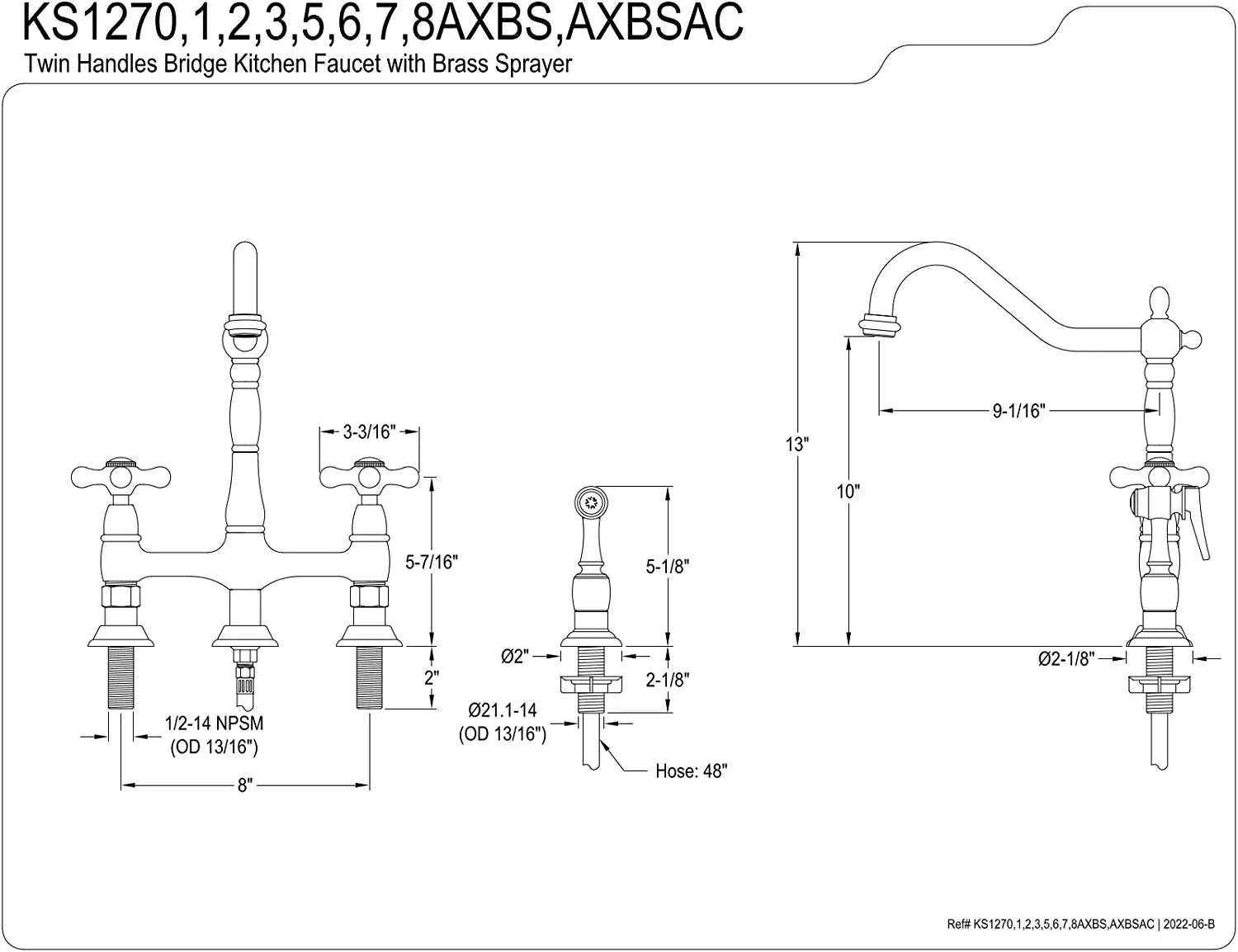 Kingston Brass KS1278AXBS Heritage Kitchen Faucet with Brass Sprayer, 8-3/4&#34;, Brushed Nickel