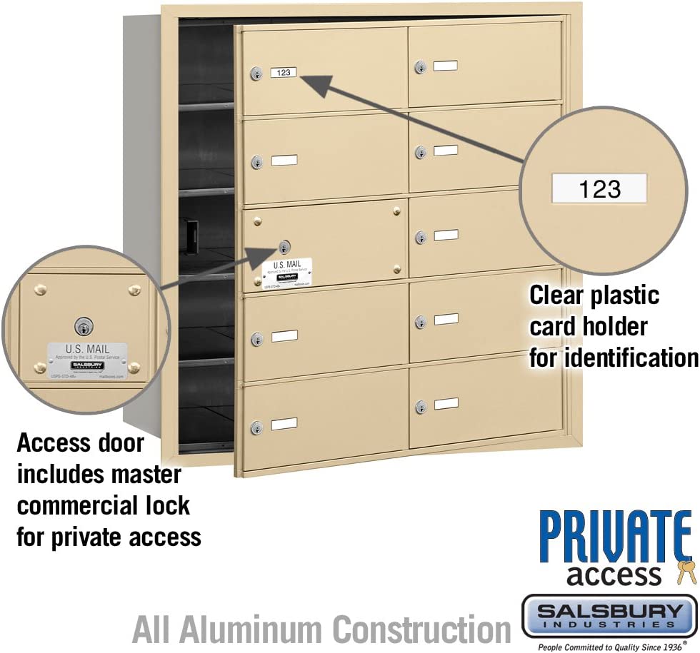 Salsbury Industries 3610SFP 4B Plus Horizontal Mailbox with Master Commercial Lock, 10 B Doors 9 Usable, Front Loading, Private Access, Sandstone