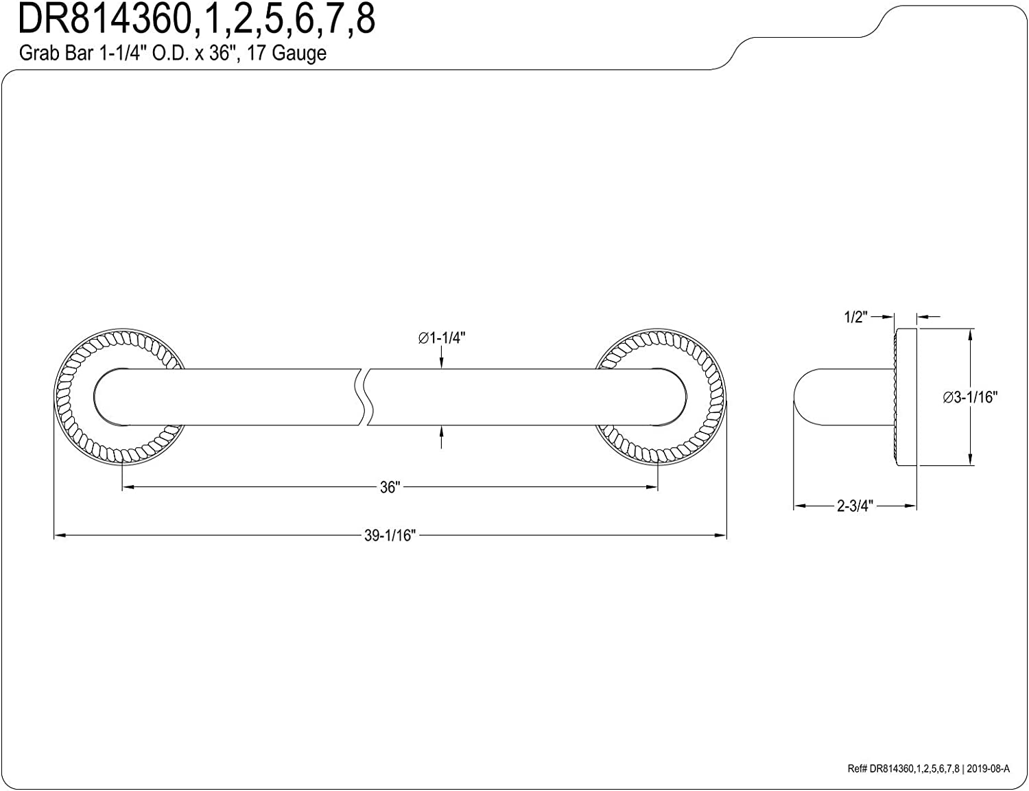 Kingston Brass DR814360 Laurel 36-Inch X 1-1/4-Inch OD Grab Bar, Matte Black