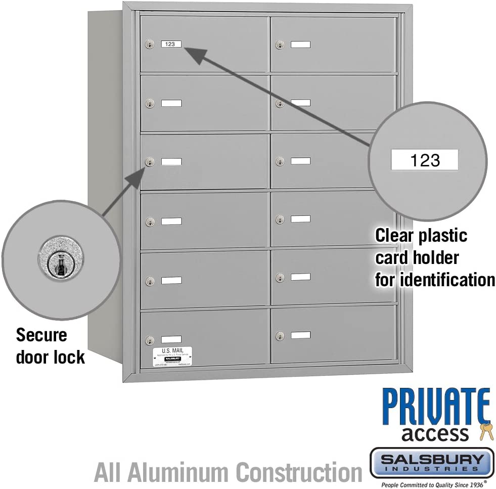 Salsbury Industries 3612ARP 4B Plus Horizontal Mailbox, 12 B Doors, Rear Loading, Private Access, Aluminum