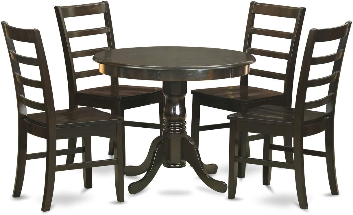 East West Furniture Kitchen Dining Table Set- 4 Fantastic Kitchen Chairs - A Beautiful Round Wooden Table- Wooden Seat and Cappuccino Wood Dining Table