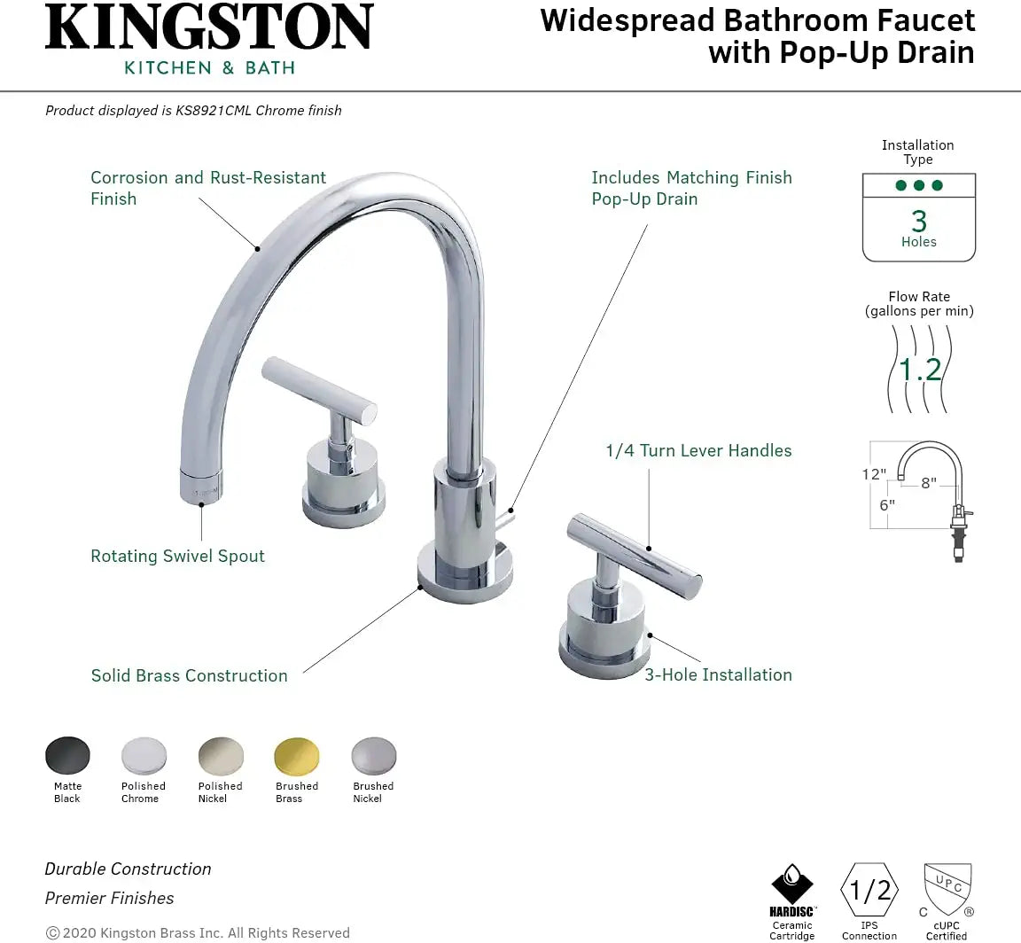 Kingston Brass KS8926CML Manhattan Widespread Bathroom Faucet, Polished Nickel