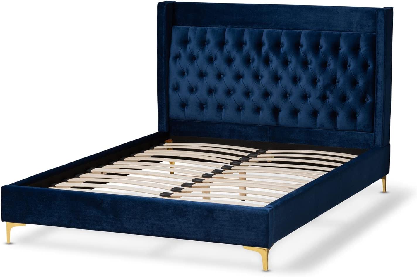 Baxton Studio Valery Modern and Contemporary Navy Blue Velvet Fabric Upholstered Queen Size Platform Bed with Gold-Finished Legs