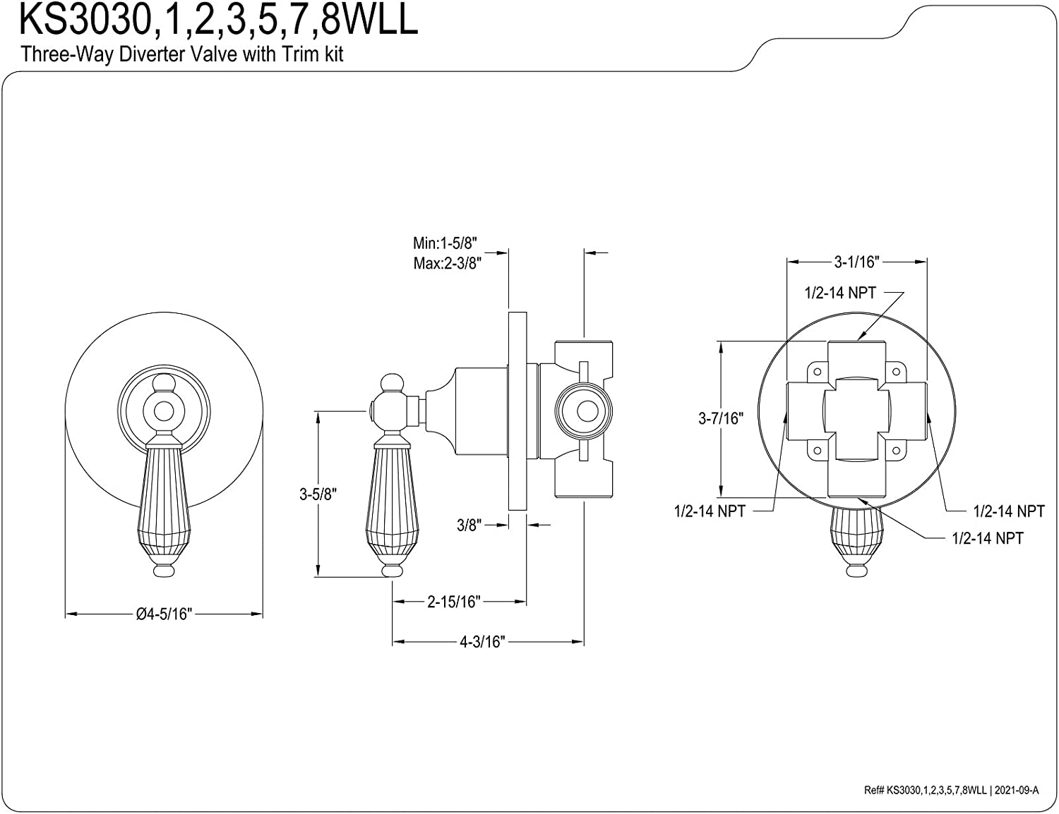 Kingston Brass KS3035WLL Wilshire Three-Way Diverter Valve with Trim Kit, Oil Rubbed Bronze