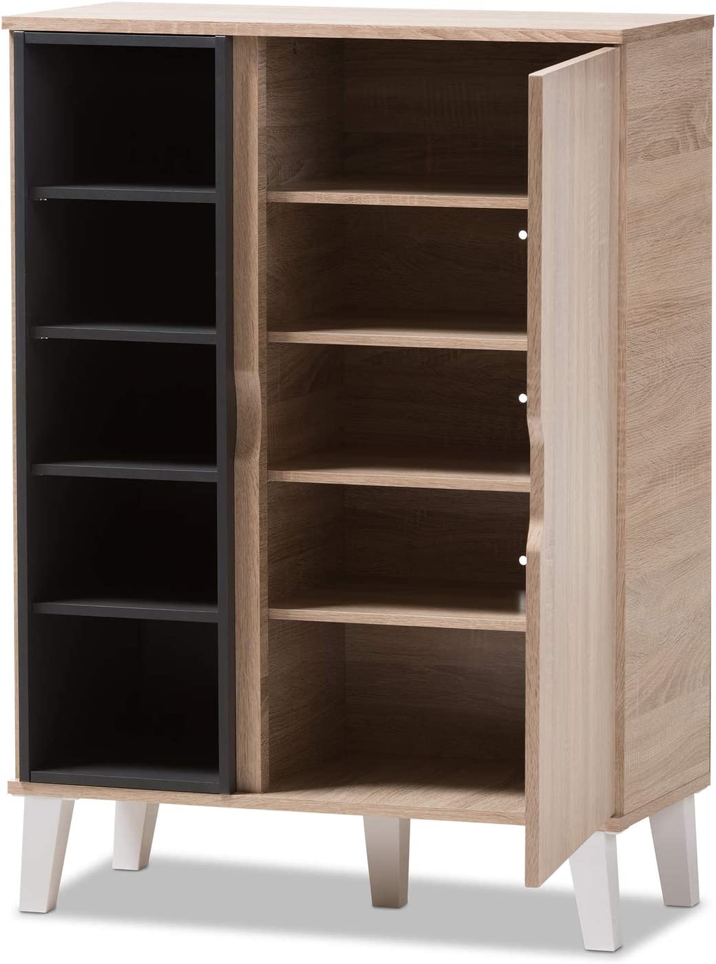 Baxton Studio Adelina Mid-Century Modern 1-door Oak and Grey Wood Shoe Cabinet