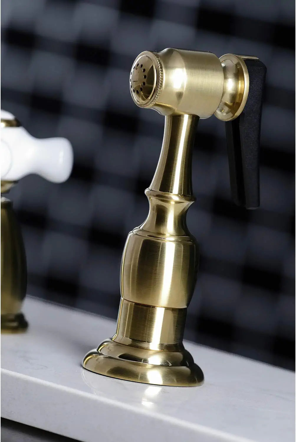 Kingston Brass KB1797PXBS 8-Inch Widespread Kitchen Faucet with Brass Sprayer, Brushed Brass