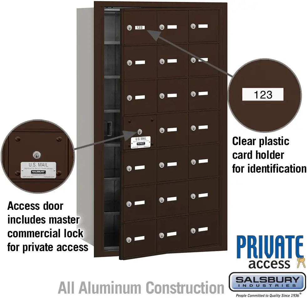 Salsbury Industries 3621ZFP 4B Plus Horizontal Mailbox with Master Commercial Lock, 21 A Doors 20 Usable, Front Loading, Private Access, Bronze