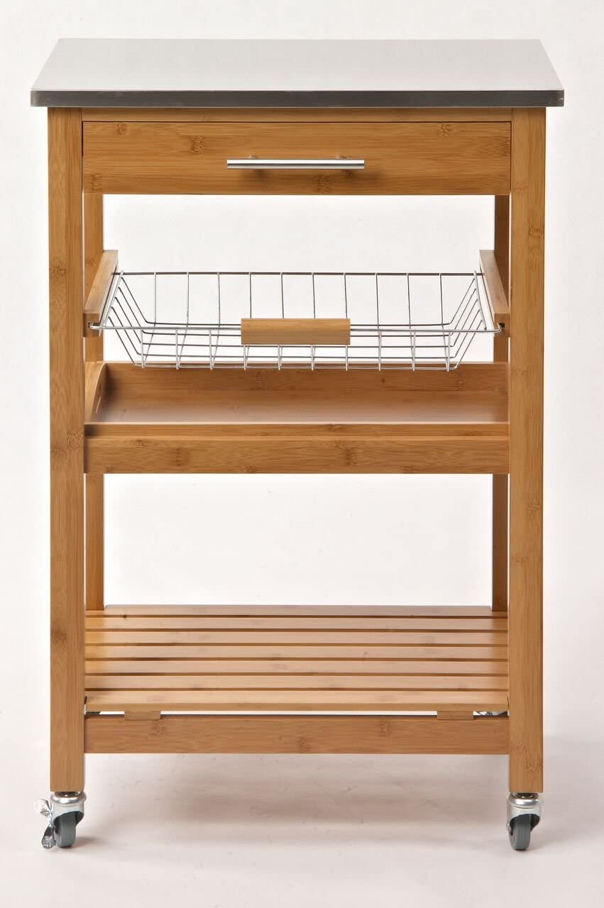 Boraam Aya Bamboo Kitchen Cart with Stainless Steel Top