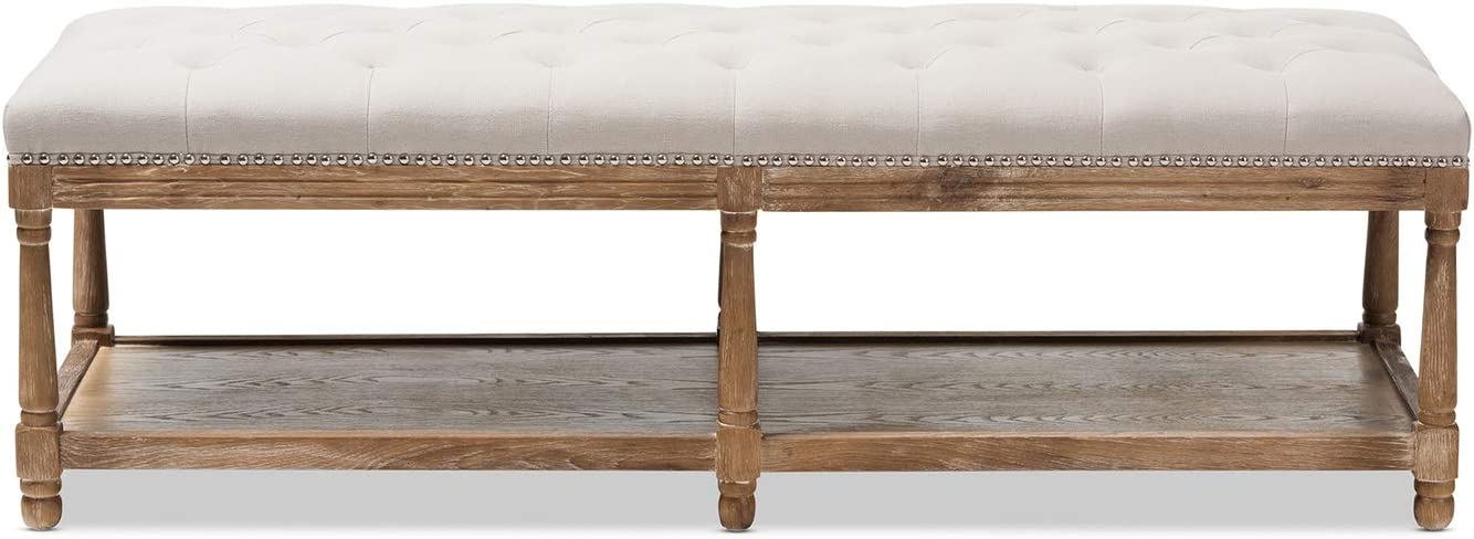 Baxton Studio Celeste French Country Weathered Oak Beige Linen Upholstered Ottoman Bench