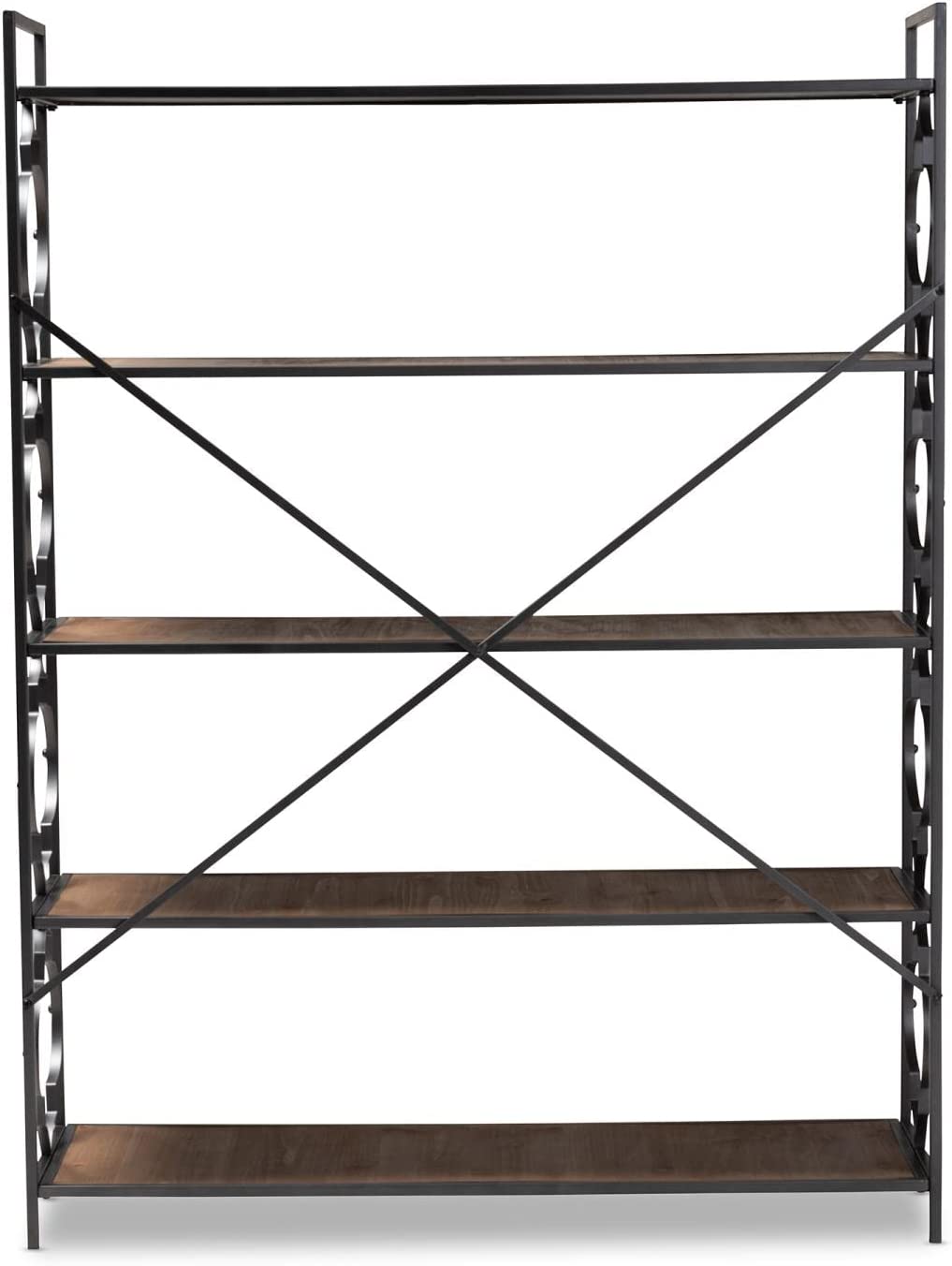 Baxton Studio Mirna Industrial Black Iron Metal and Natural Oak Wood 5-Shelf Quatrefoil Accent Bookcase