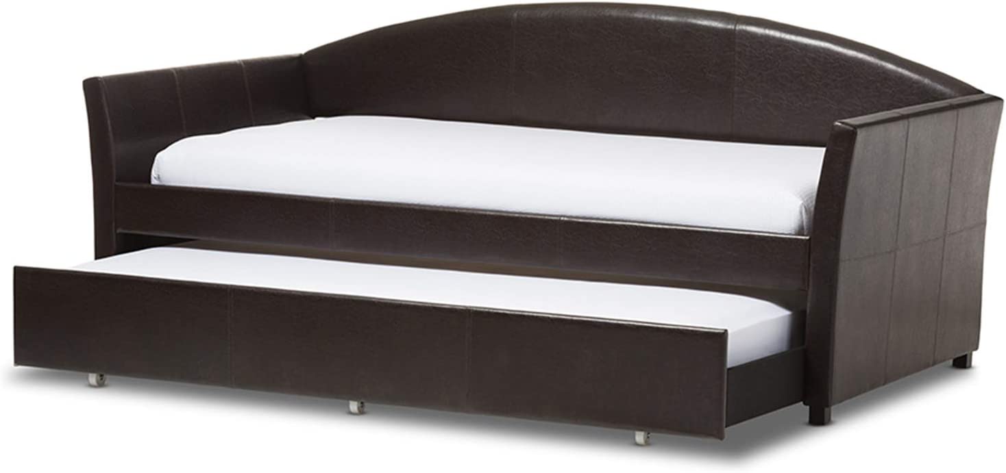 Baxton Studio London Modern and Contemporary Brown Faux Leather Arched Back Sofa Twin Daybed with Roll-Out Trundle Guest Bed White