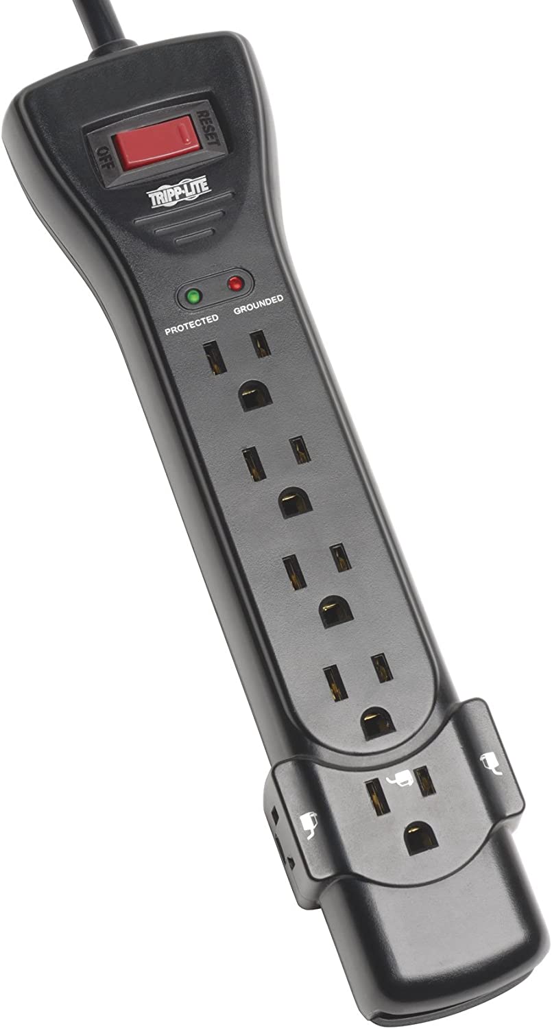 Tripp Lite SUPER7B 7 Outlet Surge Protector Power Strip, 7ft Cord, Right Angle Plug, 2160 Joules, Black, &amp; Dollar 75,000 Insurance