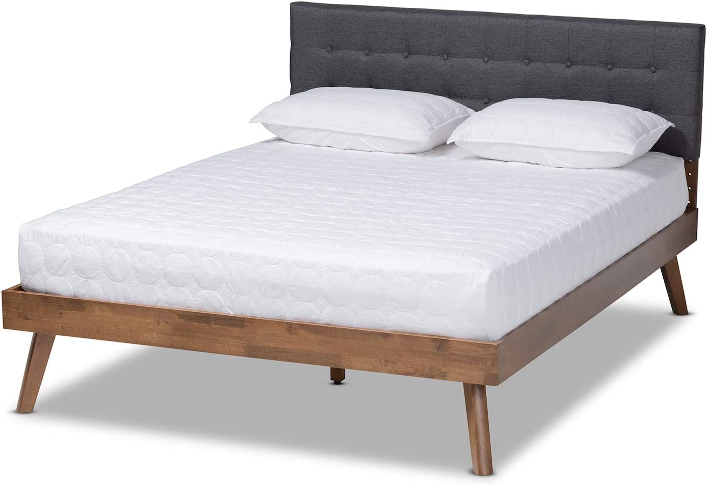 Baxton Studio Devan Mid-Century Modern Dark Grey Fabric Upholstered Walnut Brown Finished Wood Queen Size Platform Bed