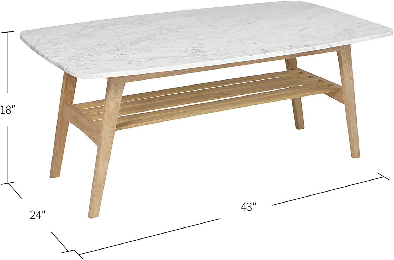 Bianco Modern Decorative Laura Italian Carrara White Marble Coffee Table with Oak Shelf for Living Room, Bedroom &amp; Dining Room - 43&#34;, Rectangular