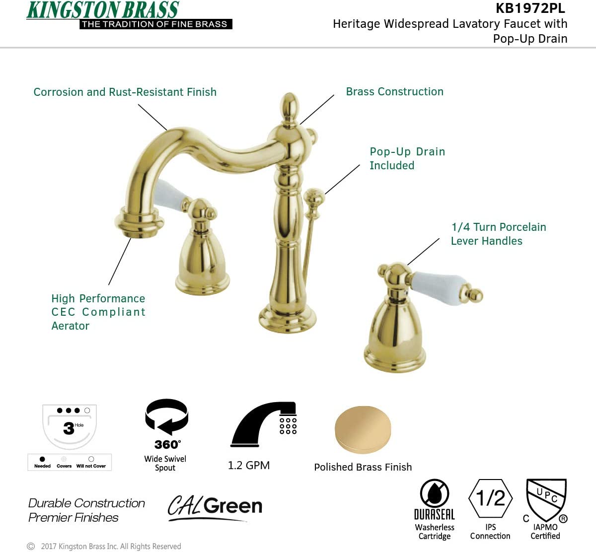 Kingston Brass KB1972PL Heritage Widespread Lavatory Faucet with Porcelain Lever Handle, Polished Brass,8-Inch Adjustable Center