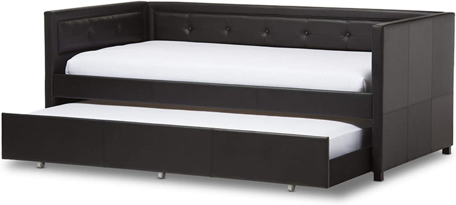 Baxton Studio Frank Modern and Contemporary Button-Tufting Sofa Daybed with Roll-Out Trundle Guest Bed Black
