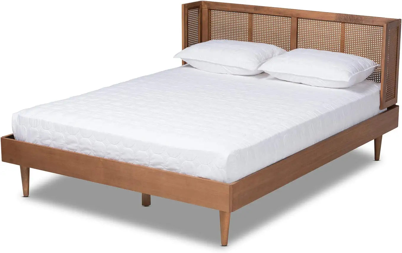 Baxton Studio Rina Mid-Century Modern Ash Wanut Finished Wood and Synthetic Rattan King Size Platform Bed with Wrap-Around Headboard