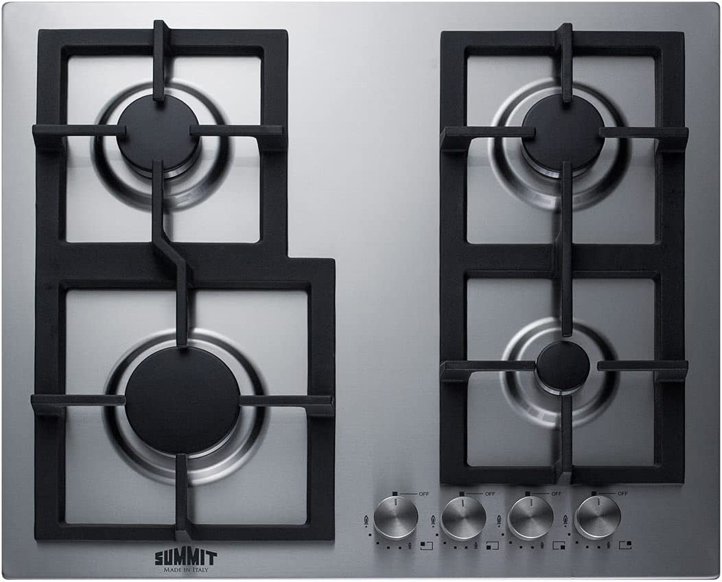 Summit Appliance GCJ4SS 24&#34; Wide 4-Burner Gas Cooktop, Stainless Steel Surface, Sealed Burners, Push-to-Turn Knobs, Thermocouple Flame Failure Protection, Electric Ignition, Conversion Kit Included