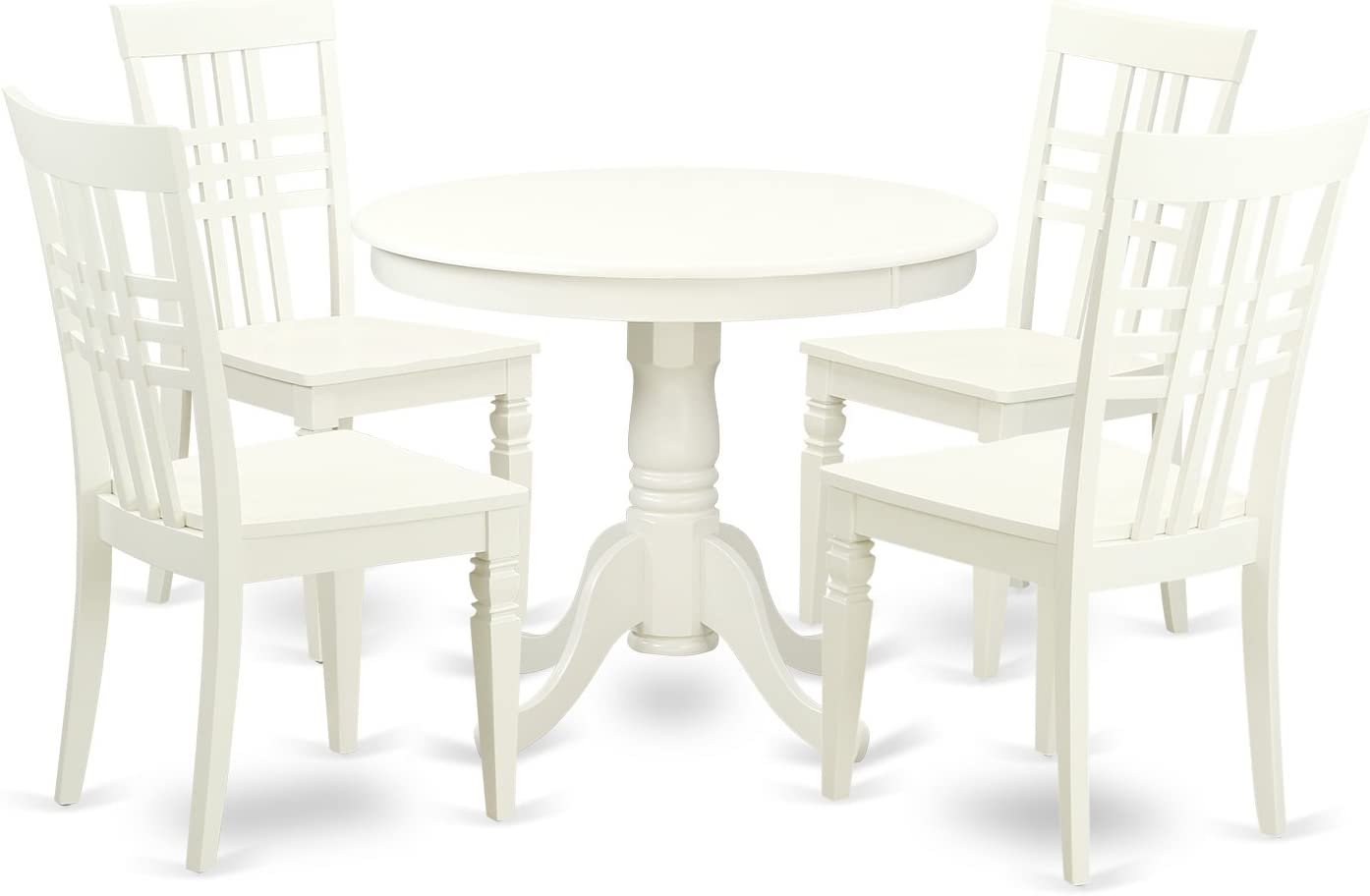 East West Furniture Dining Set- 4 Fantastic Dining Room Chairs - A Wonderful Kitchen Table- Wooden Seat and Linen White Round Wooden Table