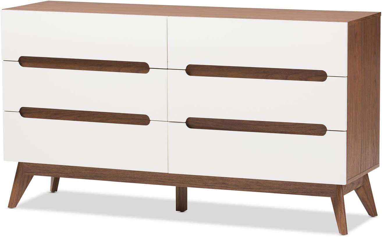 Baxton Studio Calypso Mid-Century Modern White and Walnut Wood 6-Drawer Storage Dresser/Mid-Century/Particle Board/MDF with PU Paper/White/Walnut Brown