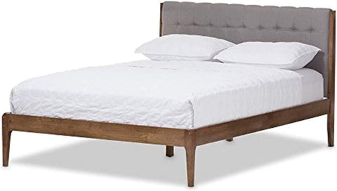 Baxton Studio Clifford Mid-Century Light Grey Fabric and Medium Brown Finish Wood Full Size Platform Bed