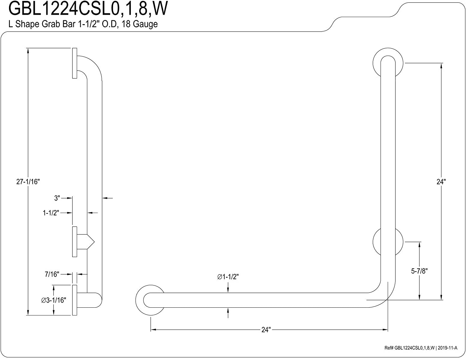 Kingston Brass GBL1224CSL1 24&#34;x 24&#34; L-Shaped Grab Bar - Left Hand, Mirror