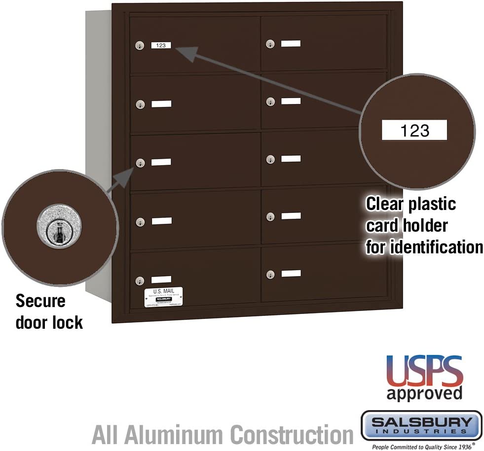 Salsbury Industries 3610ZRU 4B Plus Horizontal Mailbox, 10 B Doors, Rear Loading, USPS Access, Bronze