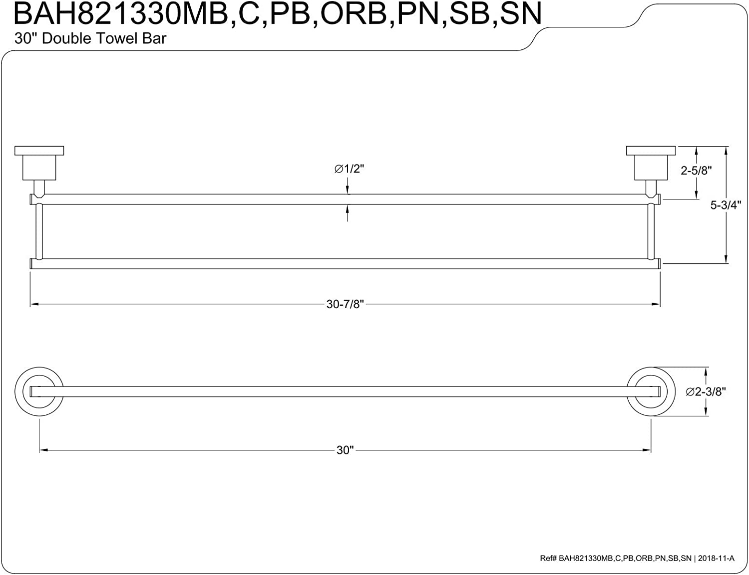 Kingston Brass BAH821330MB Concord Dual Towel Bar, Matte Black