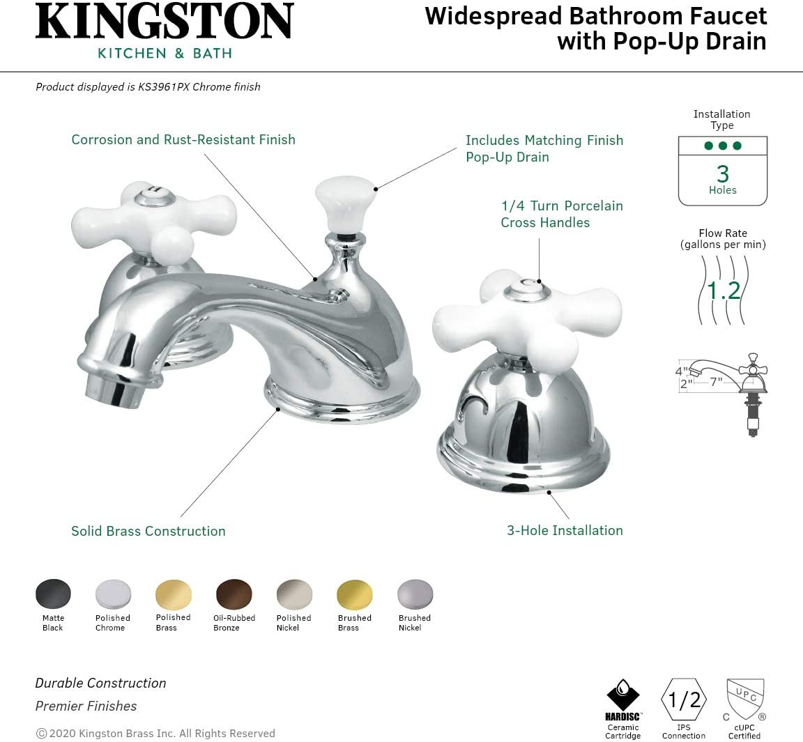 Kingston Brass KS3965PX Restoration Widespread Lavatory Faucet with Porcelain Cross Handle, Oil Rubbed Bronze, 8-Inch Adjustable Center