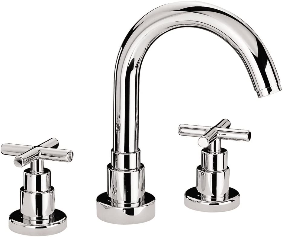 Whitehaus WHLX79214-BN Luxe widespread lavatory faucet with tubular swivel spout, cross handle and pop-up waste - Brushed Nickel