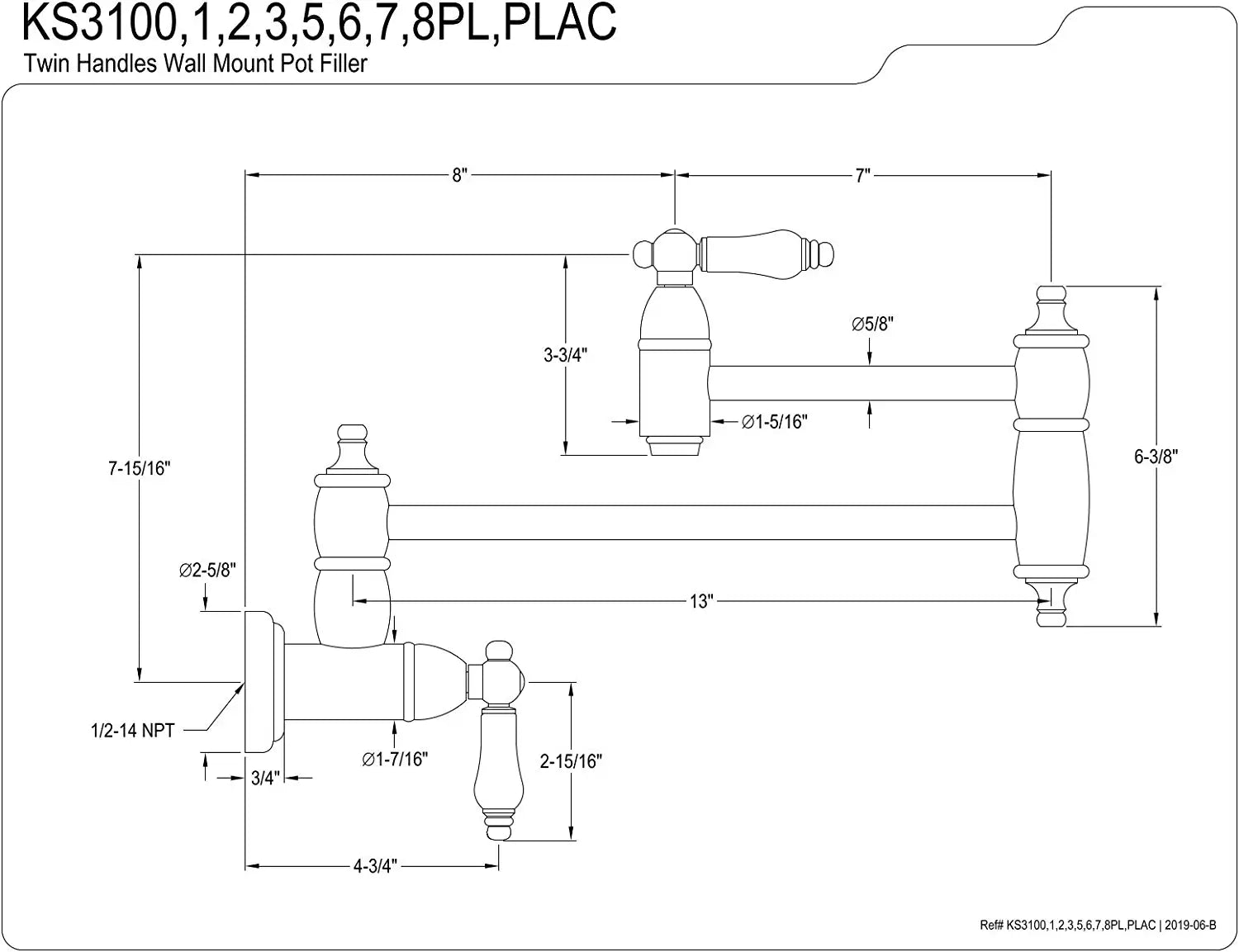 Kingston Brass KS3100PL Restoration Pot Filler, 13 Inch Length, Matte Black