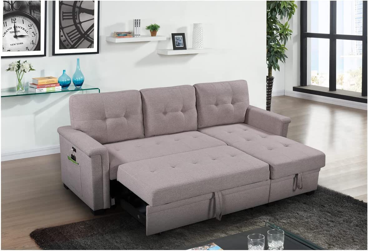 Lilola Home Reversible Sleeper Sectional Sofa with Storage Chaise and Pocket, Dark Gray