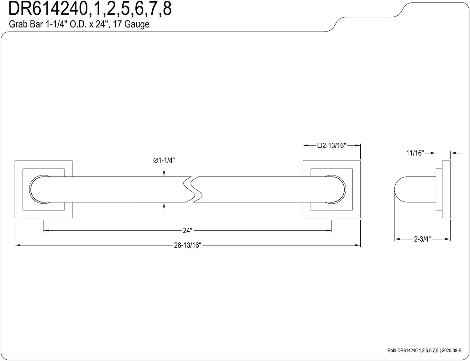 Kingston Brass DR614246 Claremont 24&#34; Grab Bar, 1-1/4&#34; Diameter, Polished Nickel