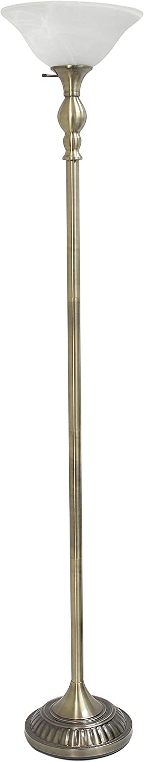 Elegant Designs LF2001-ABS 1 Light Torchiere Marbleized White Glass Shade Floor Lamp, Antique Brass