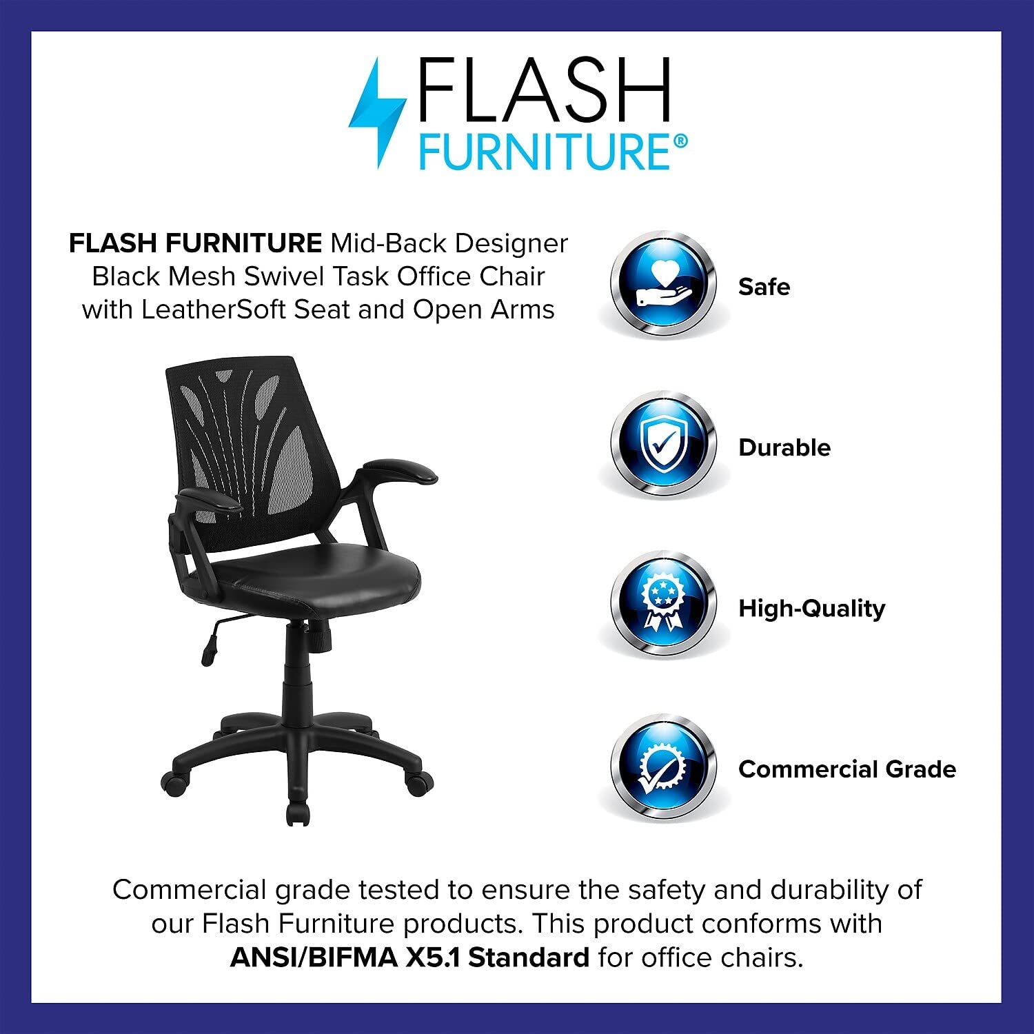 Flash Furniture Mid-Back Designer Black Mesh Swivel Task Office Chair with LeatherSoft Seat and Open Arms