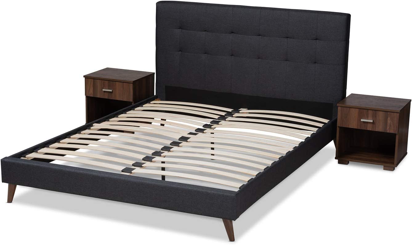 Baxton Studio Maren Mid-Century Modern Dark Grey Fabric Upholstered Queen Size Platform Bed with Two Nightstands