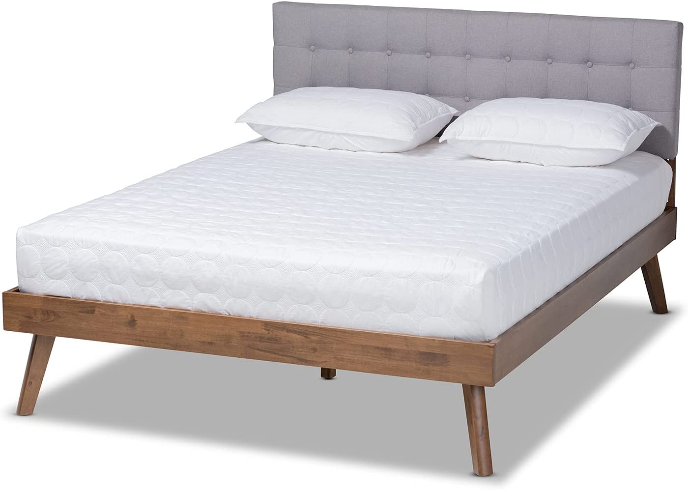 Baxton Studio Devan Mid-Century Modern Light Grey Fabric Upholstered Walnut Brown Finished Wood Queen Size Platform Bed