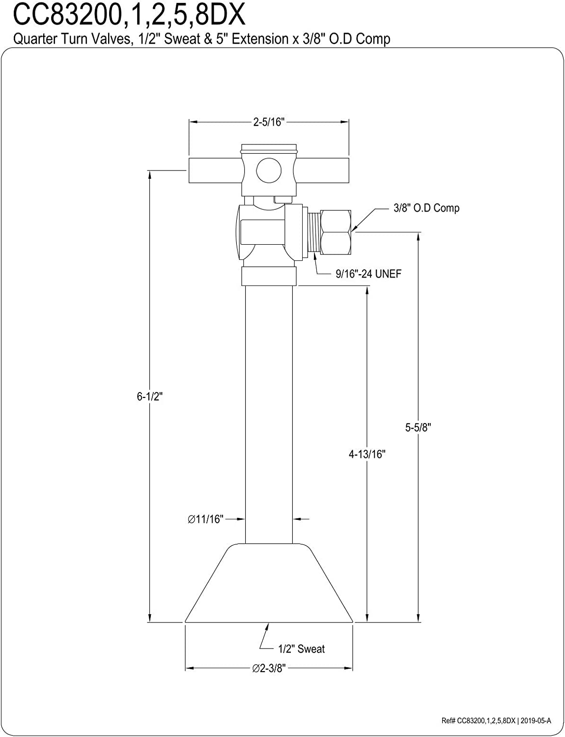 Kingston Brass CC83200DX Concord 1/2-Inch Sweat 3/8-Inch OD Comp Quarter-Trun Angle Shut-Off Valve with 5 Extension, Matte Black