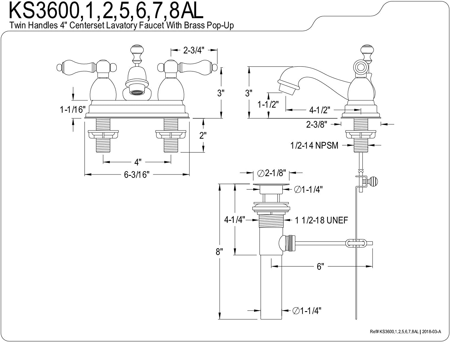 Kingston Brass KS3608AL Restoration 4-Inch Centerset Lavatory Faucet with Metal lever handle, Brushed Nickel