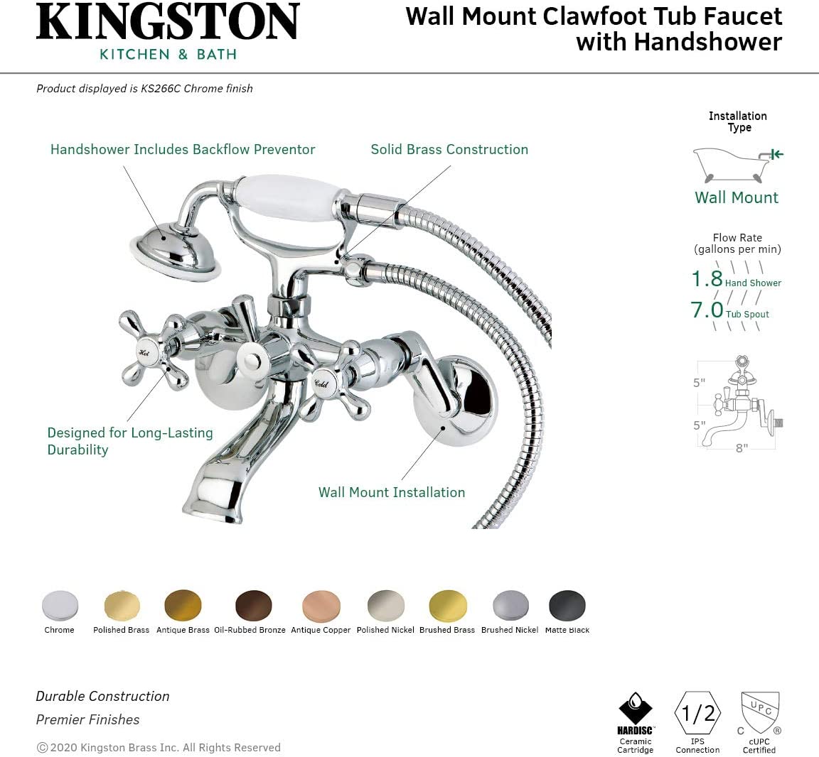 Kingston Brass KS266AC Kingston Clawfoot Tub Faucet, Antique Copper