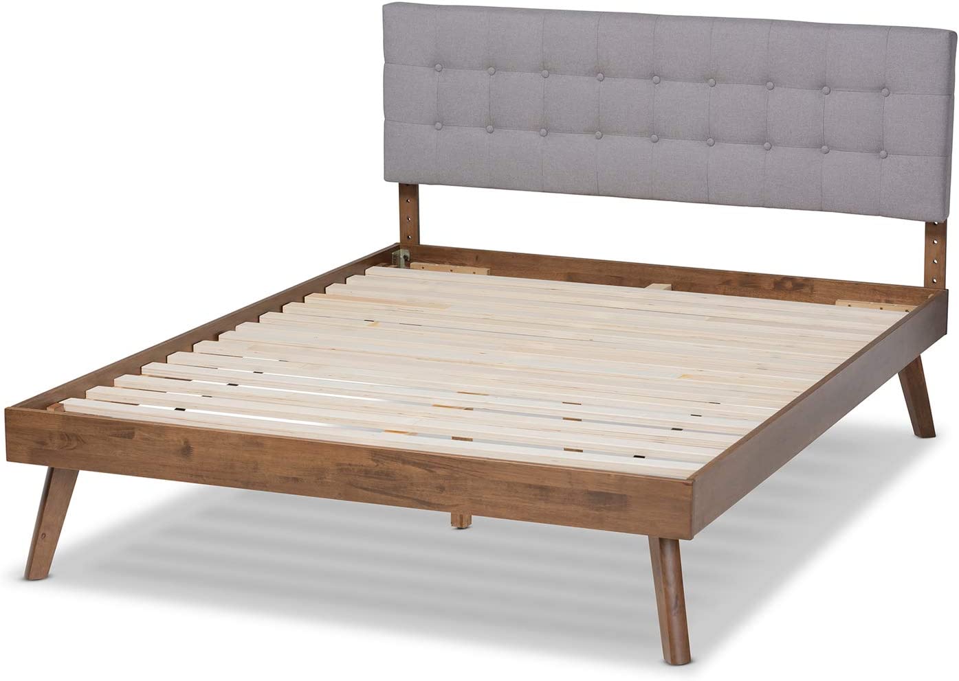 Baxton Studio Devan Mid-Century Modern Light Grey Fabric Upholstered Walnut Brown Finished Wood Queen Size Platform Bed