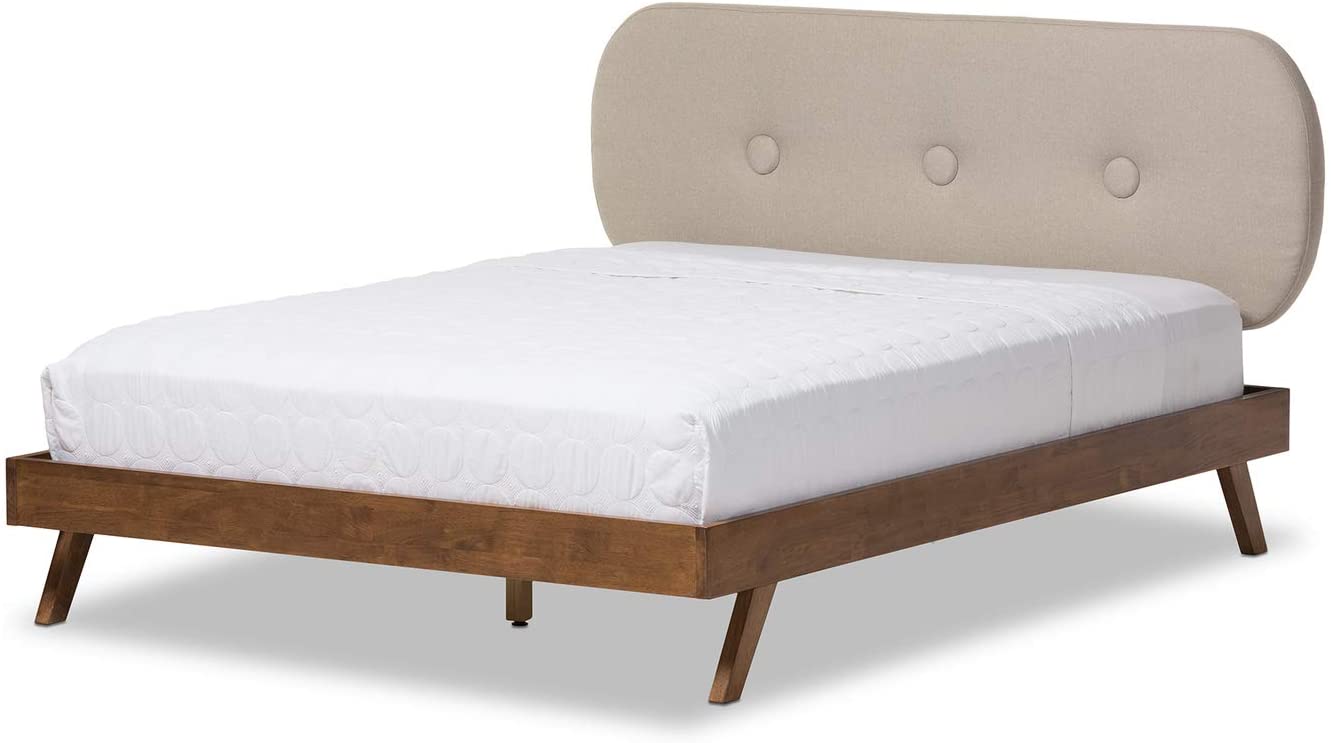 Baxton Studio Penelope Mid-Century Modern Solid Walnut Wood Light Beige Fabric Upholstered Queen Size Platform Bed