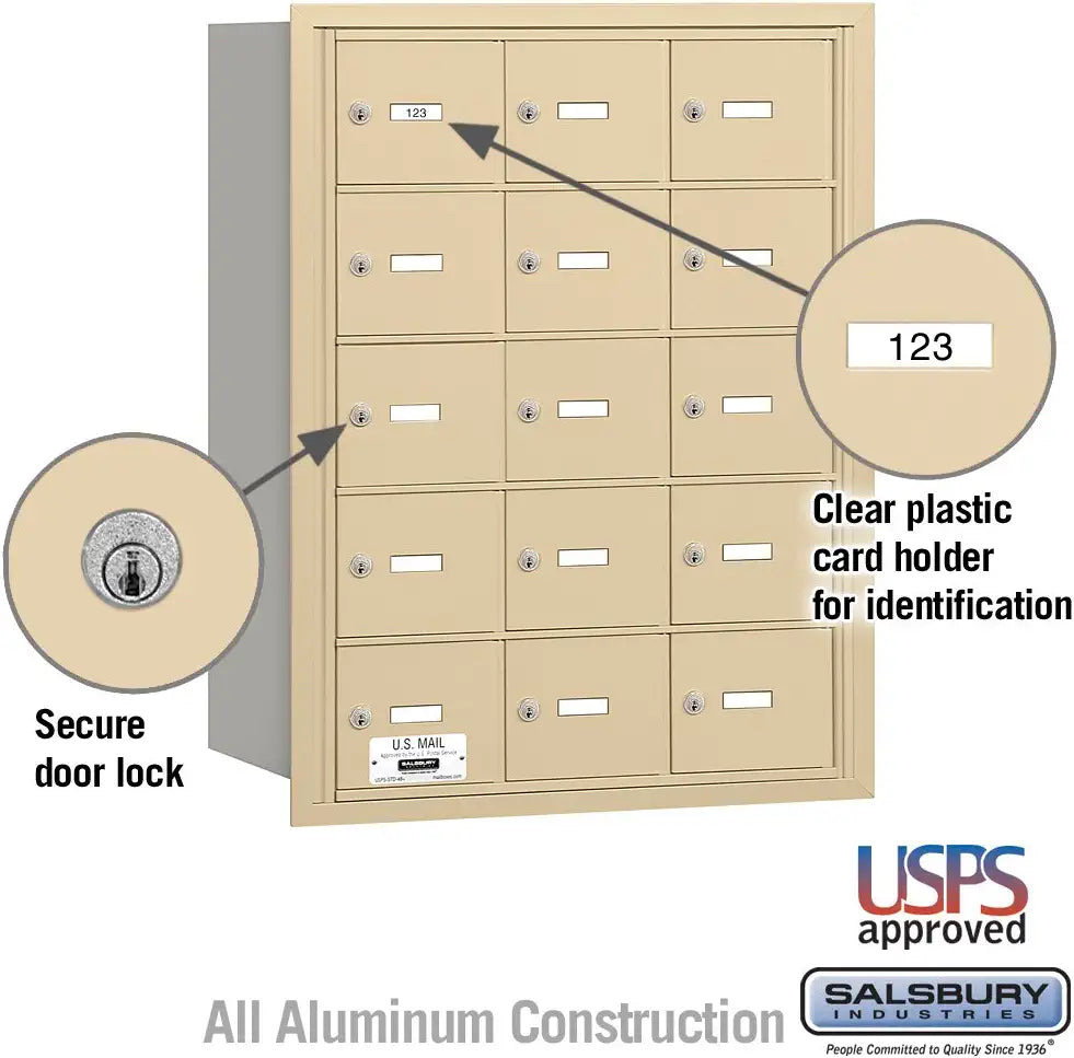 Salsbury Industries 3615SRU 4B Plus Horizontal Mailbox, 15 A Doors, Rear Loading, USPS Access, Sandstone