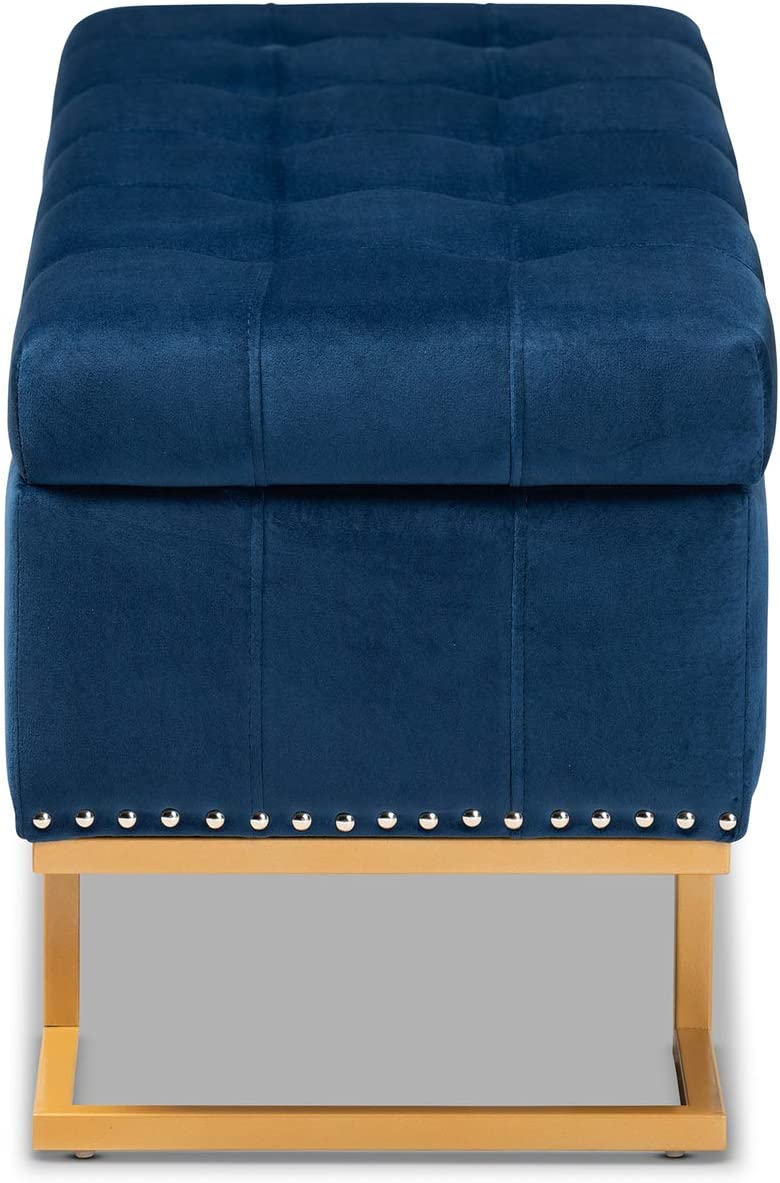 Baxton Studio Ellery Luxe and Glam Navy Blue Velvet Fabric Upholstered and Gold Finished Metal Storage Ottoman