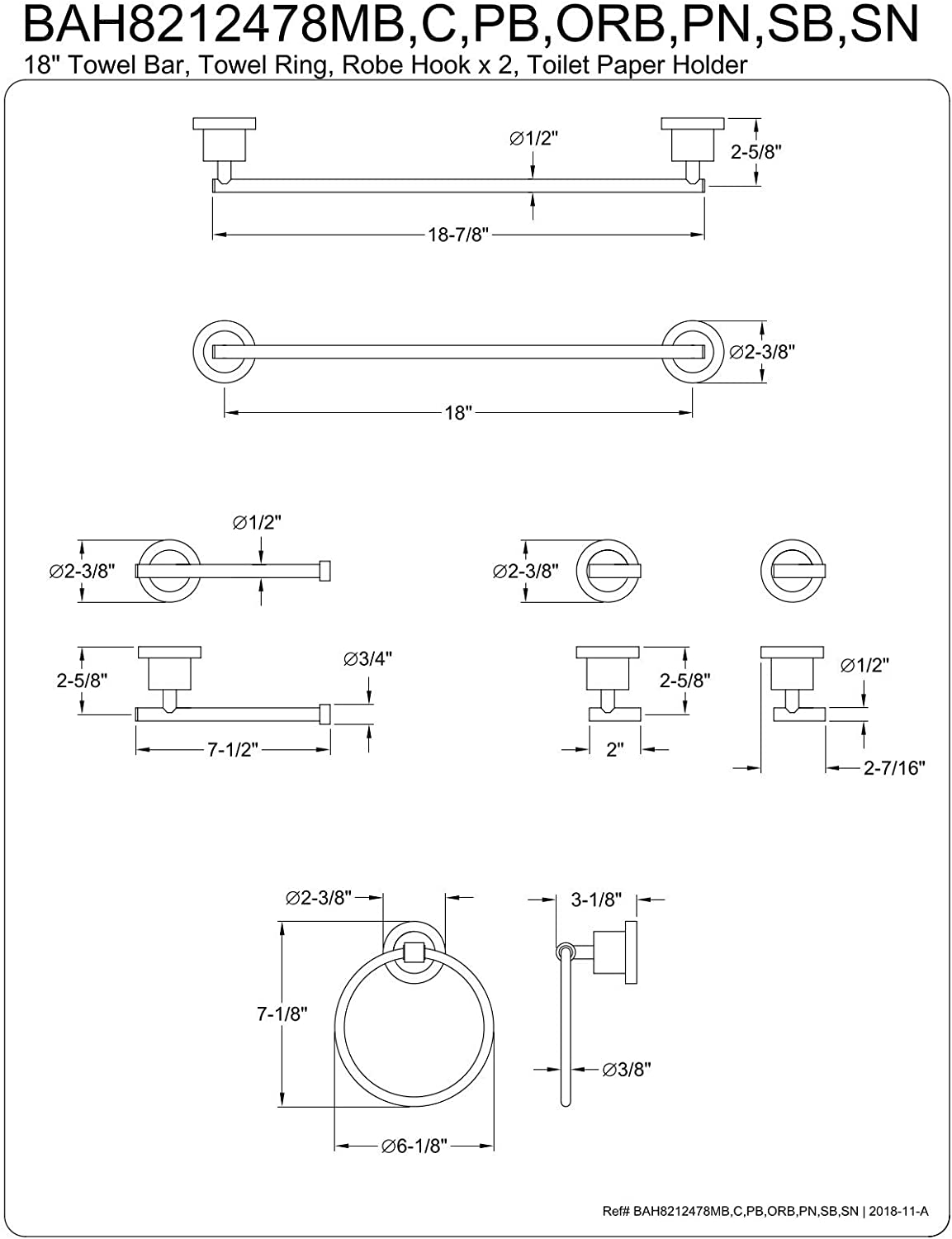 Kingston Brass BAH8212478SN Concord Bathroom Hardware Set, Brushed Nickel